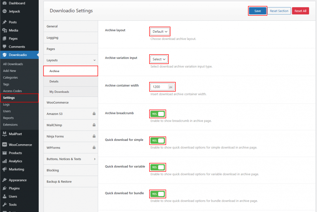 How to configure Downloadio Archive Layouts