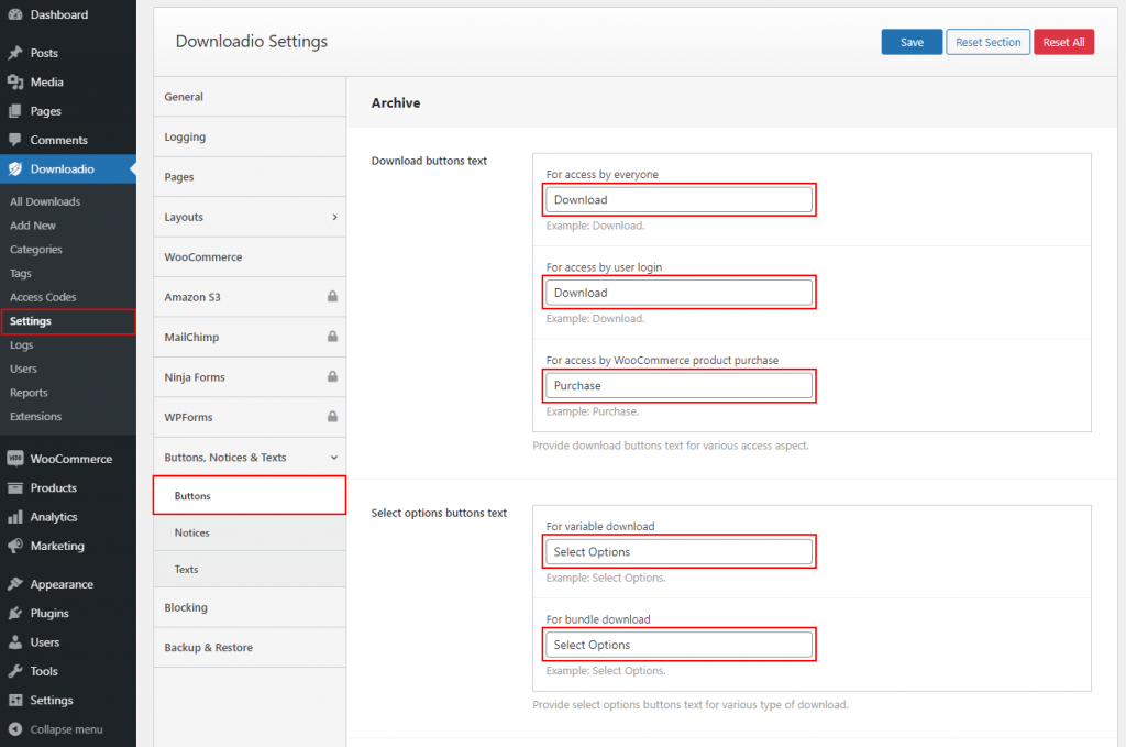 How to configure Buttons, Notices & Texts Settings