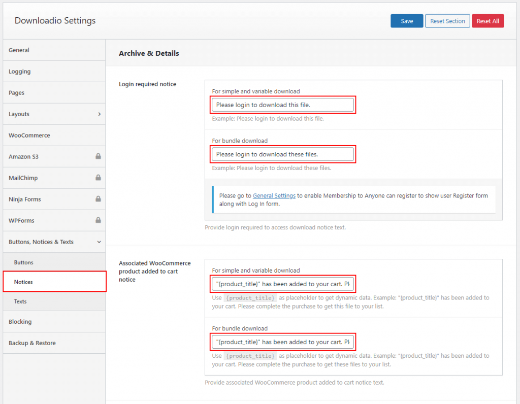 How to configure Buttons, Notices & Texts Settings